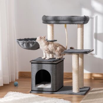 Arbre à chat avec griffoir en sisal niche lit pour chat hamac corde d'escalade plateformes panneaux particules coussins gris 2