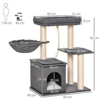 Arbre à chat avec griffoir en sisal niche lit pour chat hamac corde d'escalade plateformes panneaux particules coussins gris 3