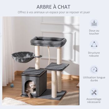 Arbre à chat avec griffoir en sisal niche lit pour chat hamac corde d'escalade plateformes panneaux particules coussins gris 4