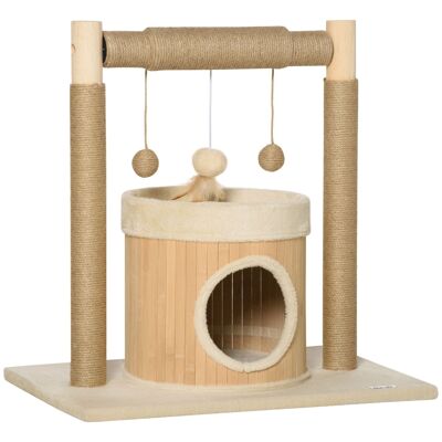Cat tree scratching posts jute game hanging balls round platform niche - dim. 60L x 40W x 60H cm - bamboo pine particle board
