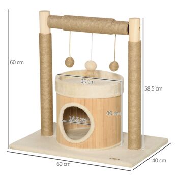 Arbre à chat griffoirs grattoirs jute jeu boules suspendues plateforme ronde niche - dim. 60L x 40l x 60H cm - panneaux particules pin bambou 3