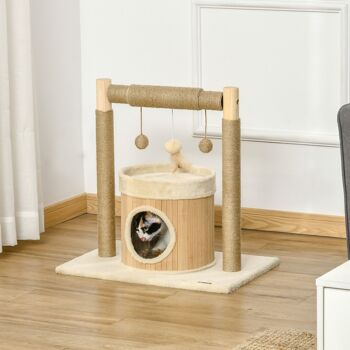 Arbre à chat griffoirs grattoirs jute jeu boules suspendues plateforme ronde niche - dim. 60L x 40l x 60H cm - panneaux particules pin bambou 4