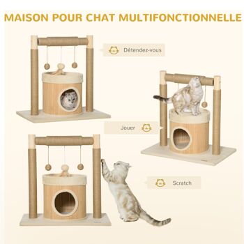 Arbre à chat griffoirs grattoirs jute jeu boules suspendues plateforme ronde niche - dim. 60L x 40l x 60H cm - panneaux particules pin bambou 5