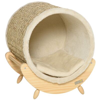 Maison pour chat design - niche chat panier chat - coussin, grattoir sisal jonc de mer naturel inclus - bois flanelle beige