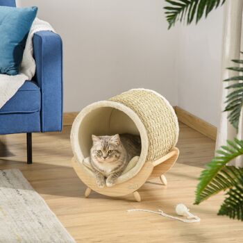 Maison pour chat design - niche chat panier chat - coussin, grattoir sisal jonc de mer naturel inclus - bois flanelle beige 4