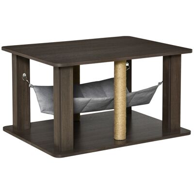 2-in-1 cat tree coffee table - activity center with hammock, scratching posts - dim. 79L x 59W x 45.5H cm - gray wood-look polyester