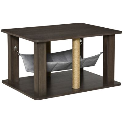 Mesa de centro en forma de árbol para gatos 2 en 1 - centro de actividades con hamaca, postes para rascar - Dimensiones 79L x 59W x 45,5H cm - poliéster gris con aspecto de madera