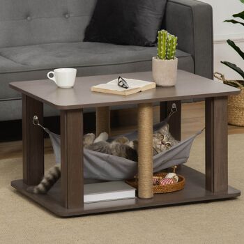 Table basse arbre à chat 2 en 1 - centre d'activités avec hamac, griffoirs - dim. 79L x 59l x 45,5H cm - polyester aspect bois gris 2