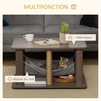 Table basse arbre à chat 2 en 1 - centre d'activités avec hamac, griffoirs - dim. 79L x 59l x 45,5H cm - polyester aspect bois gris 4