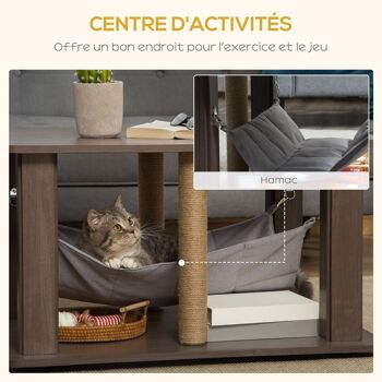 Table basse arbre à chat 2 en 1 - centre d'activités avec hamac, griffoirs - dim. 79L x 59l x 45,5H cm - polyester aspect bois gris 5