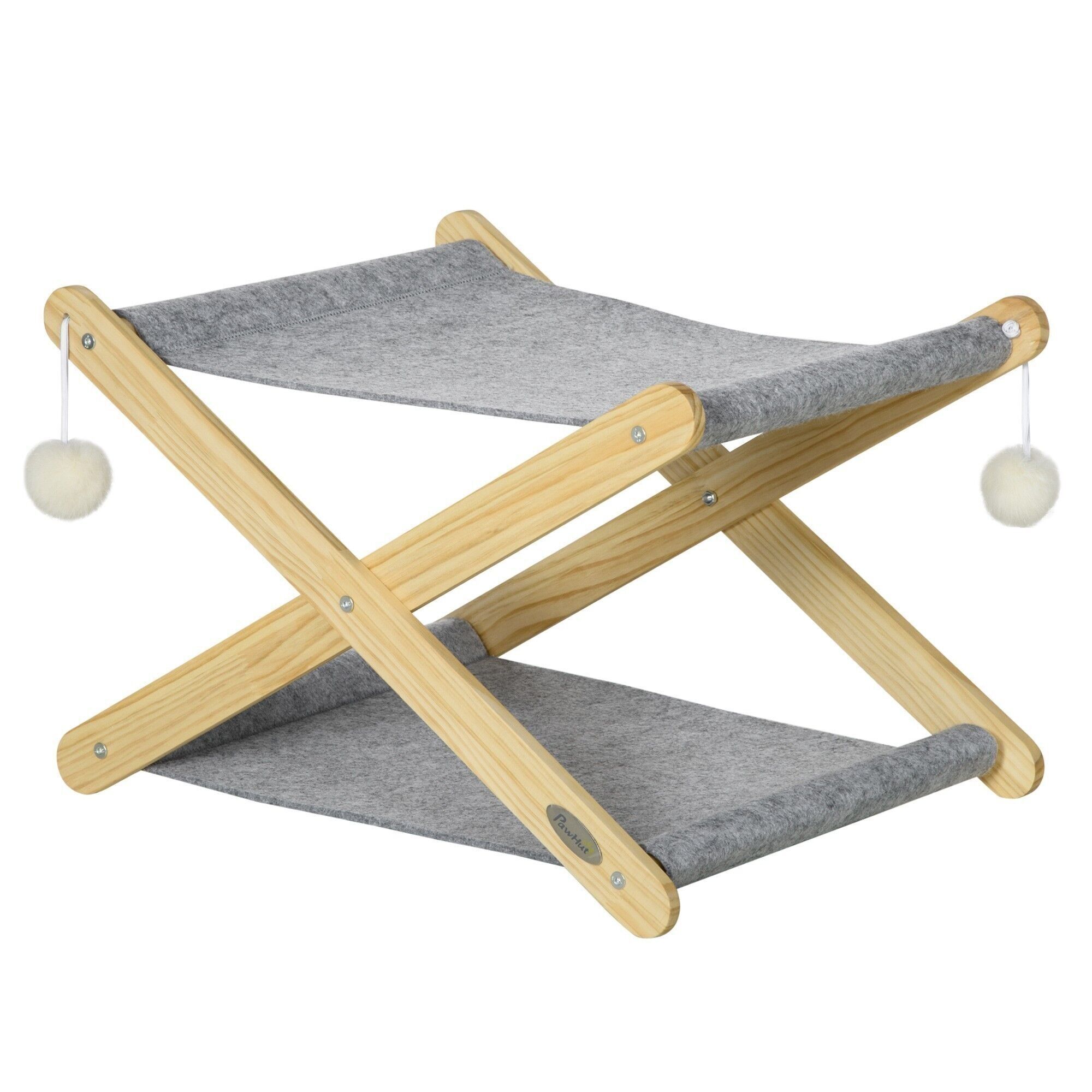 Zusammenklappbares Katzenbett – 2-stöckige Katzenhängematte – Set mit 2 hängenden Bällen – graues Filzkiefernholz