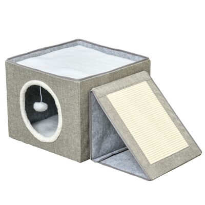 Foldable cat house - 2 soft cushions, suspended ball, scraper - dim. 73 x 42 x 34 cm - Gray polyester sisal MDF