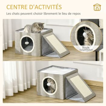 Maison niche pour chat pliable - 2 coussins moelleux, boule suspendue, grattoir - dim. 73 x 42 x 34 cm - MDF sisal polyester gris 5