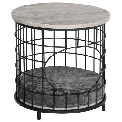 Cesta para gatos muy cómoda y acogedora Mesa de centro 2 en 1 Cojín extraíble Acero negro Paneles de partículas de madera gris