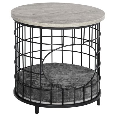 Panier chat cosy grand confort table basse 2 en 1 coussin amovible acier noir panneaux particules aspect bois gris