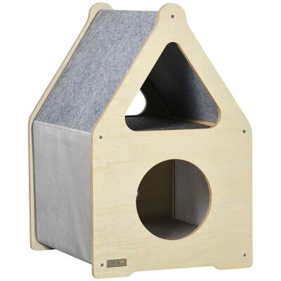 Maisonette design cat house - cat kennel cat basket - 2 removable cushions, 2 levels. - gray polyester light wood look panels