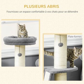 Arbre à chat 3 griffoirs grattoirs sisal naturel plateforme panier 2 boules suspendues peluche haute densité 220 g/m² gris 4