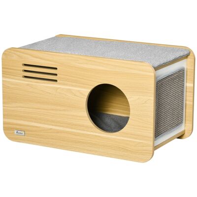 Emisora de radio con diseño de casa para gatos - cesta para gatos - perrera para gatos - 2 cojines + raspador de sisal extraíble - Paneles de MDF con aspecto de madera clara