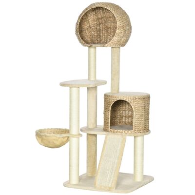 Cat tree style cozy chic scratching posts sisal scraper 2 large niches platform hammock short plush beige water hyacinth