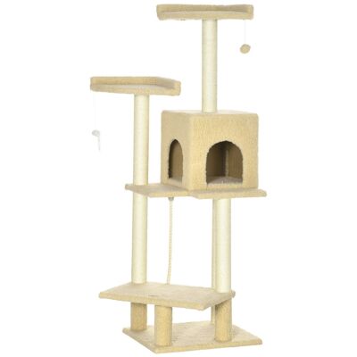 Cat tree with scratching posts 3-platform climbing rope hanging ball and feather plush beige curly wool effect