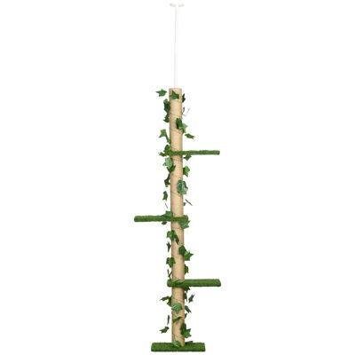 Poste rascador con diseño de árbol para gatos regulable en altura Dim. 37L x 21W x 202- 242H cm 4 niveles beige verde