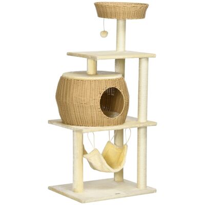 Arbre à chat style cosy chic griffoirs sisal naturel niche coussin hamac plateforme panier observation boule suspendue résine tressée beige