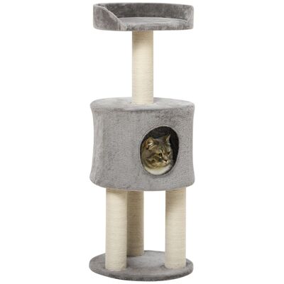 Arbre à chat griffoirs sisal naturel arbre à grimper H.103 cm niche plateforme d'observation peluche grise