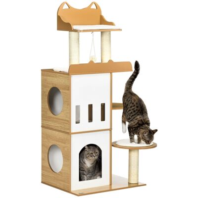 Contemporary design cat tree natural sisal scratching post 2 platform niches hanging ball game MDF white light beech look
