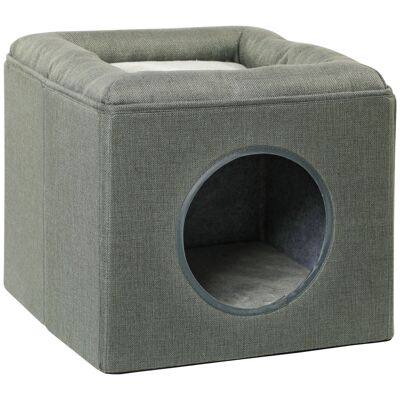 2-in-1 pouf cat basket - washable removable cushion - MDF PVC green gray linen-look fabric