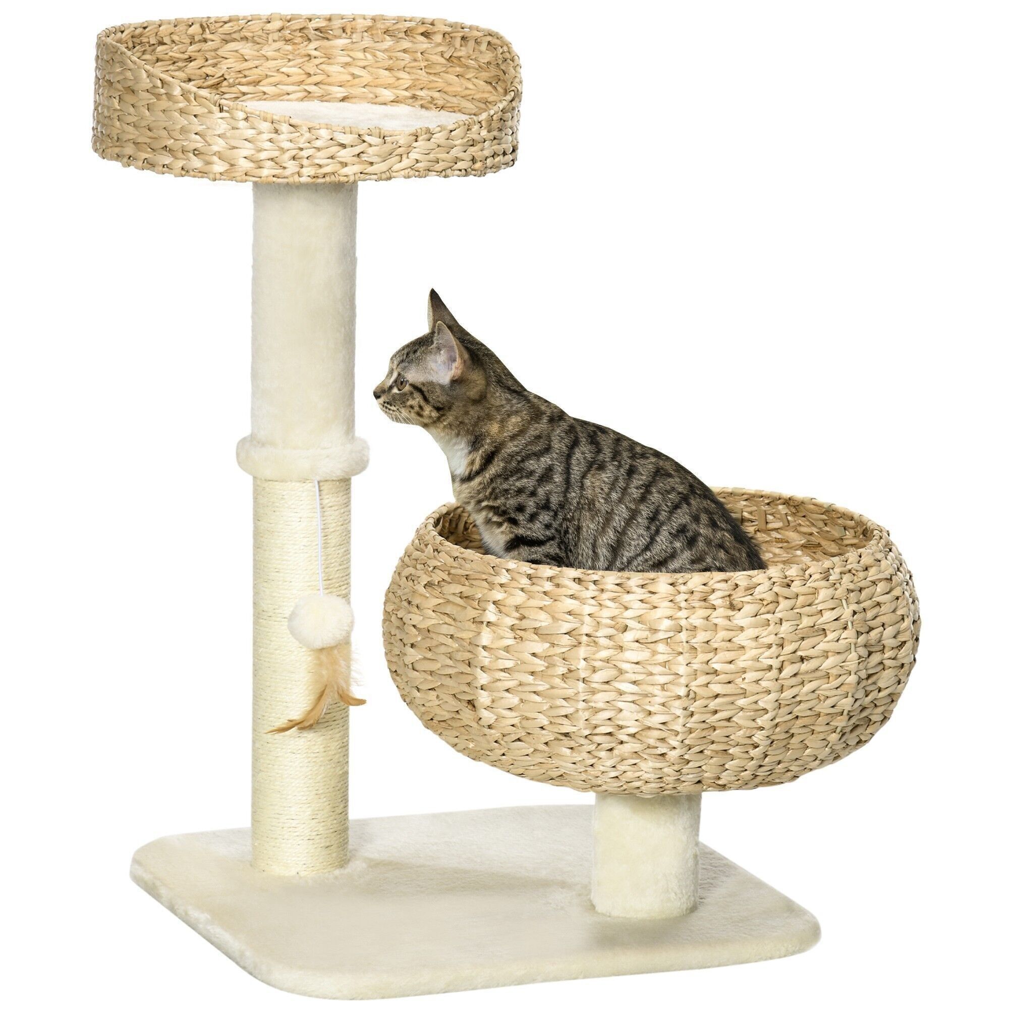 Tiragraffi per gatti 2 livelli altezza 72 cm palo in sisal con nicchia e piattaforma 1 pallina sospesa beige