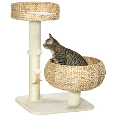 Tiragraffi per gatti 2 livelli altezza 72 cm palo in sisal con nicchia e piattaforma 1 pallina sospesa beige
