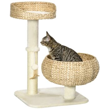Arbre à chat griffoir 2 niveaux hauteur 72 cm poteau sisal avec niche et plate-forme 1 balle suspendue beige 1