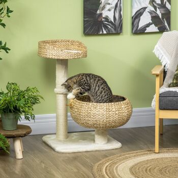 Arbre à chat griffoir 2 niveaux hauteur 72 cm poteau sisal avec niche et plate-forme 1 balle suspendue beige 2