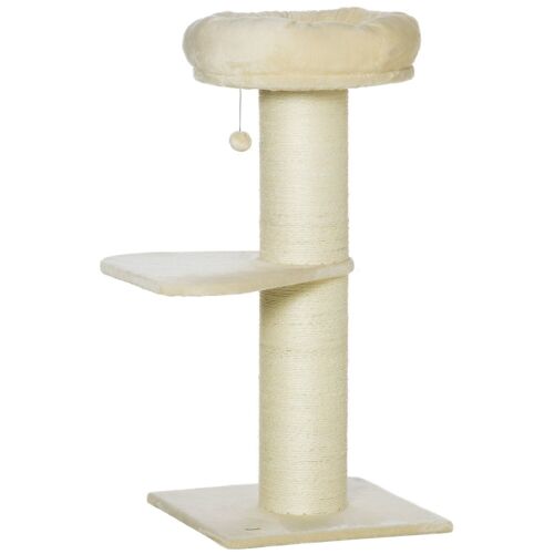 Arbre à chat griffoir sisal naturel 2 plateforme panier observation jeu boule suspendue peluche beige