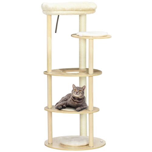 Arbre à chat style nordique griffoir sisal naturel 4 plateformes coussins panier d'observation amovible bois pin panneaux bois clair