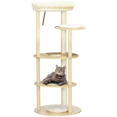 Nordic style cat tree natural sisal scratching post 4 platforms cushions removable viewing basket pine wood light wood panels