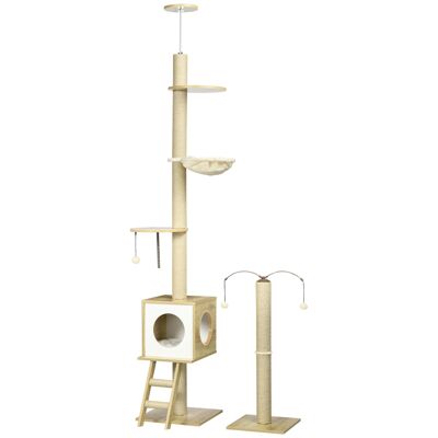 Nordic style 2-piece cat trees - adjustable height 225-285H cm - multi-equipment - panels look light oak jute