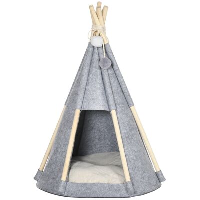 Teepee tent for animals - dog cat teepee - thick comfortable cushion included - pine wood structure gray polyester felt