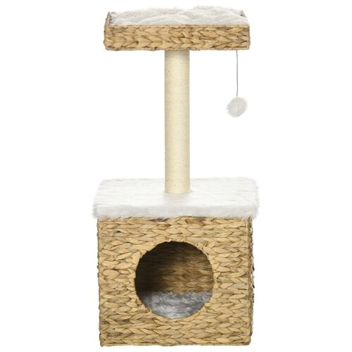 Arbre à chat style cosy chic griffoir sisal niche plateforme d'observation boule jacinthe d'eau peluche aspect fourrure