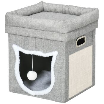 Panier chat avec plateau coussin moelleux grattoir jeu boule suspendue poignées gris 1