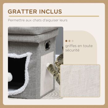 Panier chat avec plateau coussin moelleux grattoir jeu boule suspendue poignées gris 5