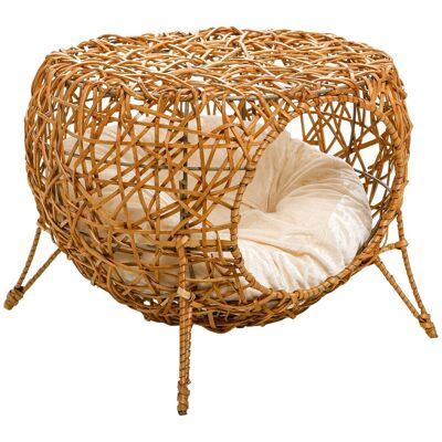 Cat basket very comfortable cozy cat bed dim. Ø 40 x 32H cm soft cushion included polyester beige rattan