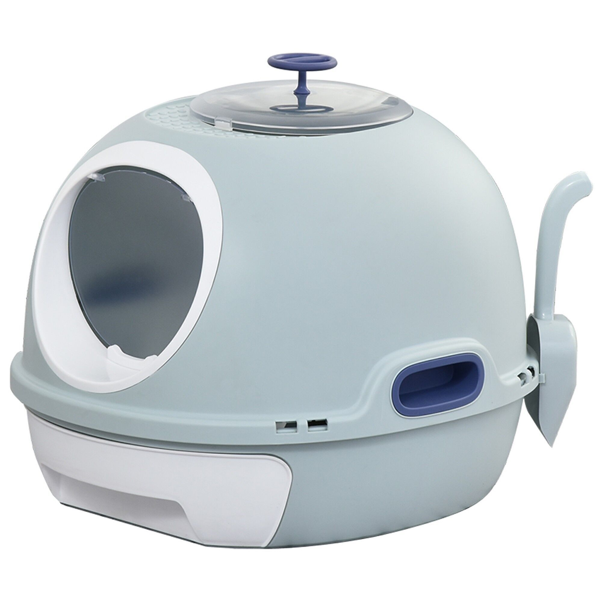 Toilette portatile per gatti lettiera scorrevole sportello battente lucernario + paletta in dotazione Dim. 47L x 55L x 44H cm blu