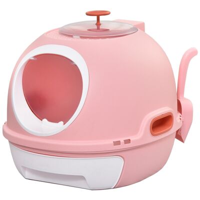 Maison de toilette portable pour chat tiroir à litière coulissant porte battante lucarne + pelle fournis dim. 47L x 55l x 44H cm rose