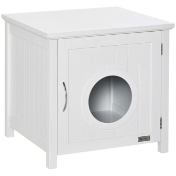 Maison de toilette pour chat sur pied design rainuré porte entrée poignée métal MDF blanc 1