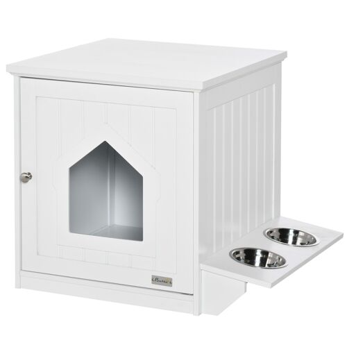 Maison de toilette pour chat design porte forme maisonnette - porte 2 gamelles intégré - dim. 64L x 51l x 51,8H cm - MDF blanc