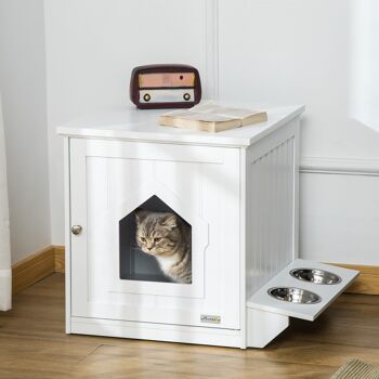 Maison de toilette pour chat design porte forme maisonnette - porte 2 gamelles intégré - dim. 64L x 51l x 51,8H cm - MDF blanc 2