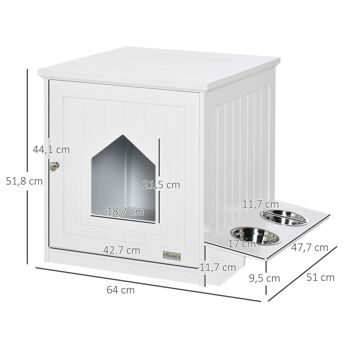 Maison de toilette pour chat design porte forme maisonnette - porte 2 gamelles intégré - dim. 64L x 51l x 51,8H cm - MDF blanc 3