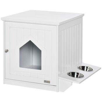 Maison de toilette pour chat design porte forme maisonnette - porte 2 gamelles intégré - dim. 64L x 51l x 51,8H cm - MDF blanc 4