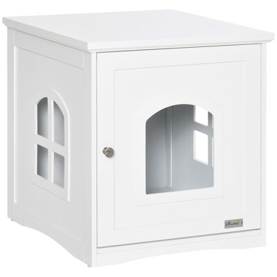 Katzentoilettenhaus im Maisonette-Design mit Tür und Fenstern – Größe 48,7 L x 53,3 B x 53 H cm – weißes MDF